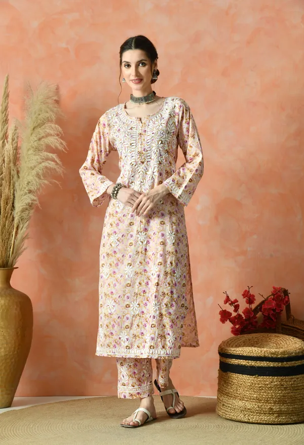 Peach_Floral_Hand_Embroidered_Mulmul_Chikankari_Kurta_Plazo_Set