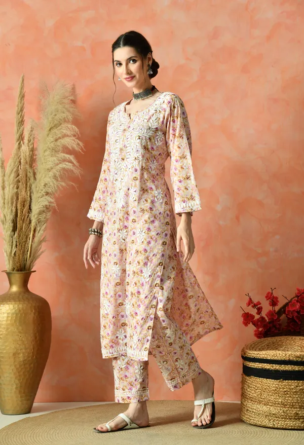 Peach_Floral_Hand_Embroidered_Mulmul_Chikankari_Kurta_Plazo_Set