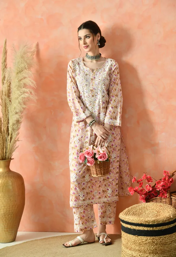 Peach_Floral_Hand_Embroidered_Mulmul_Chikankari_Kurta_Plazo_Set