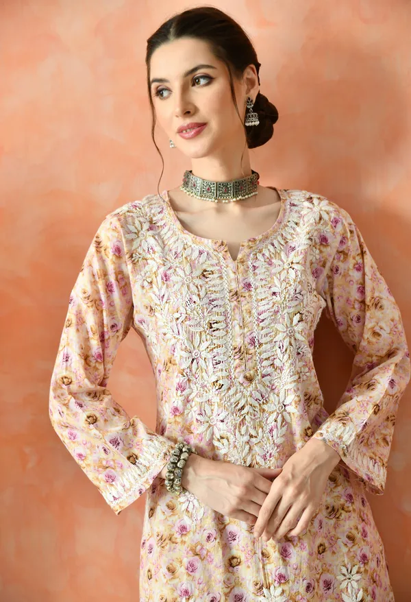 Peach_Floral_Hand_Embroidered_Mulmul_Chikankari_Kurta_Plazo_Set