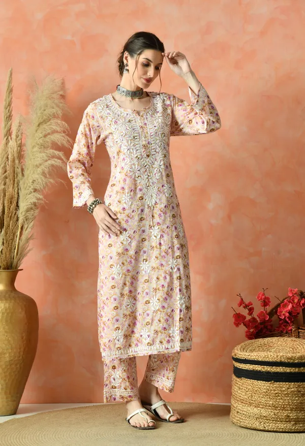 Peach_Floral_Hand_Embroidered_Mulmul_Chikankari_Kurta_Plazo_Set