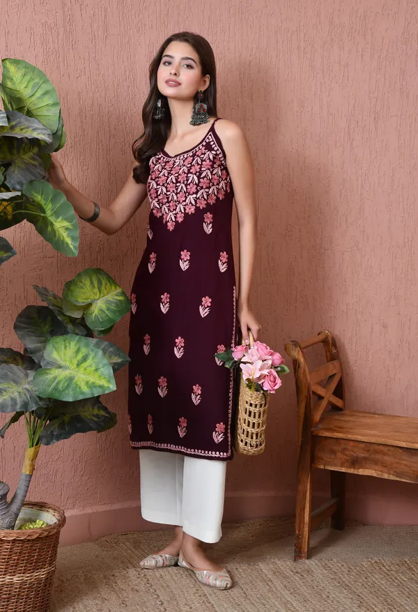 Syrish_Handcrafted_Chikankari_Rayon_Sleeveless_Kurta_�_Maroon