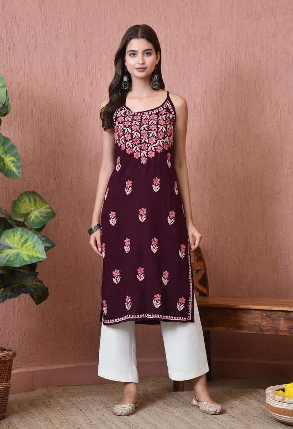 Syrish_Handcrafted_Chikankari_Rayon_Sleeveless_Kurta_�_Maroon