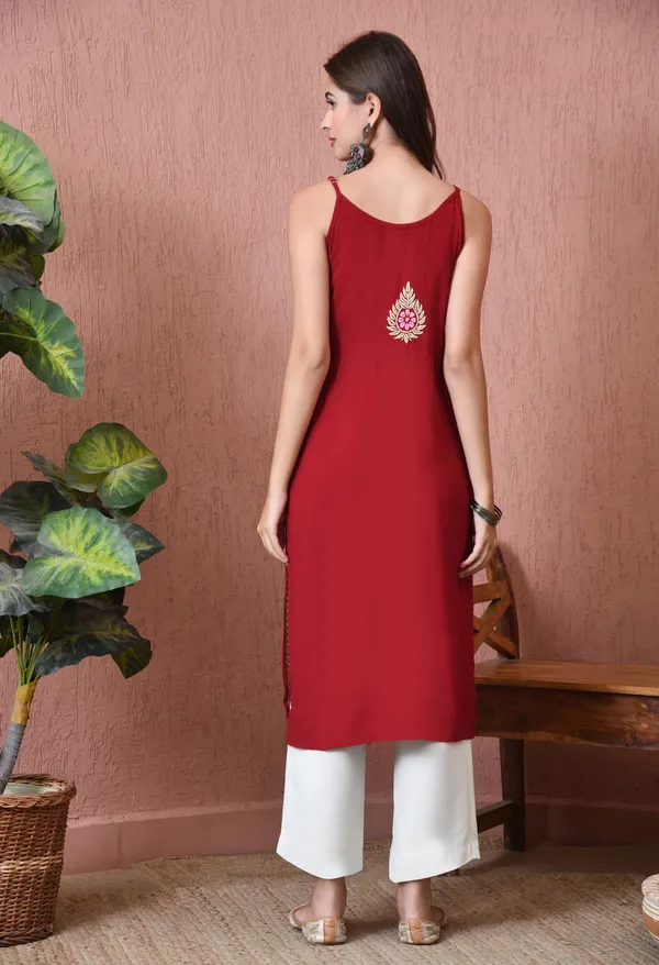 Syrish_Handcrafted_Chikankari_Rayon_Sleeveless_Kurta_�_Red