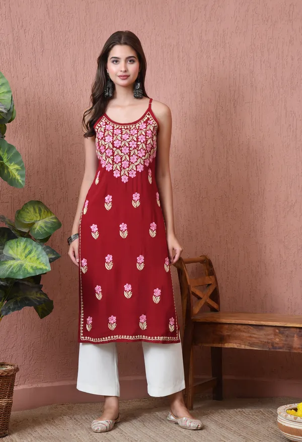 Syrish_Handcrafted_Chikankari_Rayon_Sleeveless_Kurta_�_Red