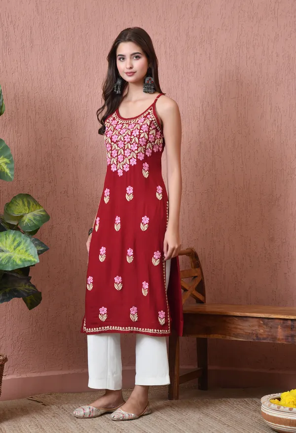 Syrish_Handcrafted_Chikankari_Rayon_Sleeveless_Kurta_�_Red