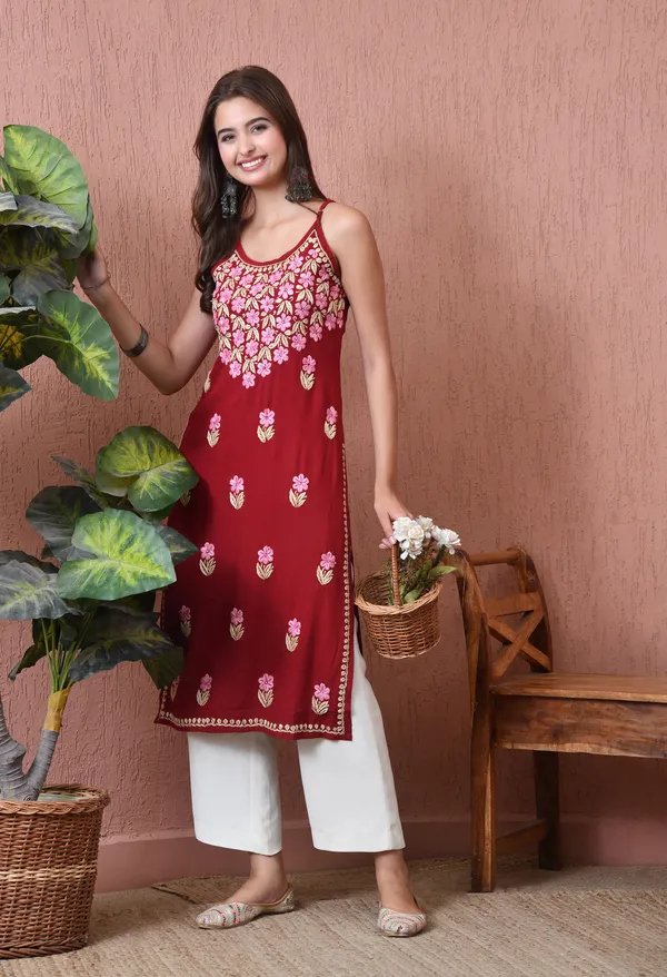 Syrish_Handcrafted_Chikankari_Rayon_Sleeveless_Kurta_�_Red