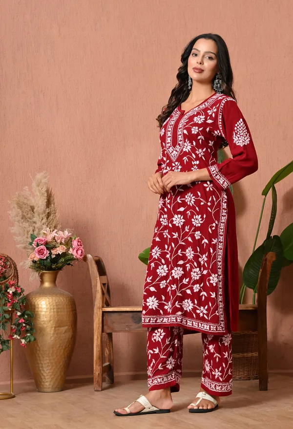 Syrish_Maroon_Grace_Hand_Embroidered_Chikankari_Rayon_Kurta_Set