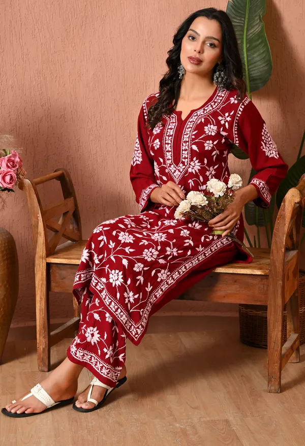 Syrish_Maroon_Grace_Hand_Embroidered_Chikankari_Rayon_Kurta_Set