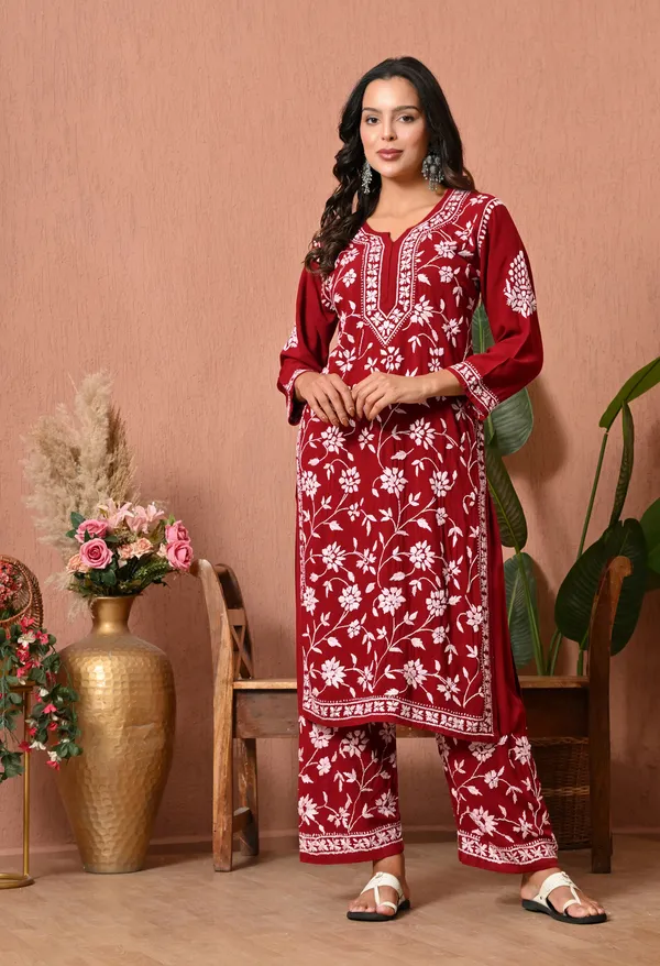Syrish_Maroon_Grace_Hand_Embroidered_Chikankari_Rayon_Kurta_Set