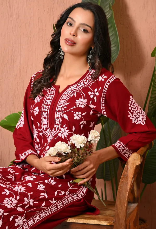 Syrish_Maroon_Grace_Hand_Embroidered_Chikankari_Rayon_Kurta_Set