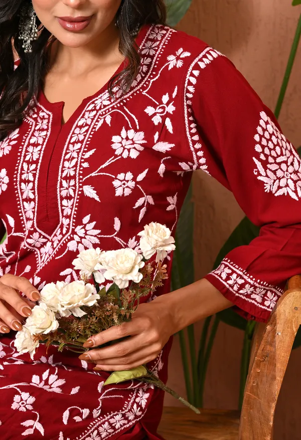 Syrish_Maroon_Grace_Hand_Embroidered_Chikankari_Rayon_Kurta_Set