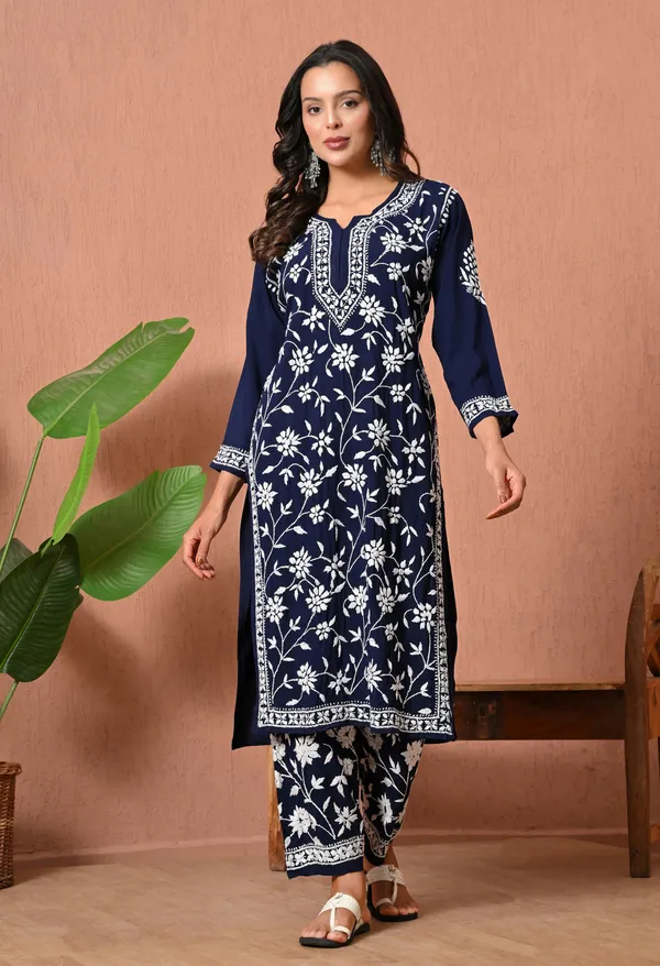 Syrish_Navy_Blue_Hand_Embroidered_Chikankari_Rayon_Kurta_Set