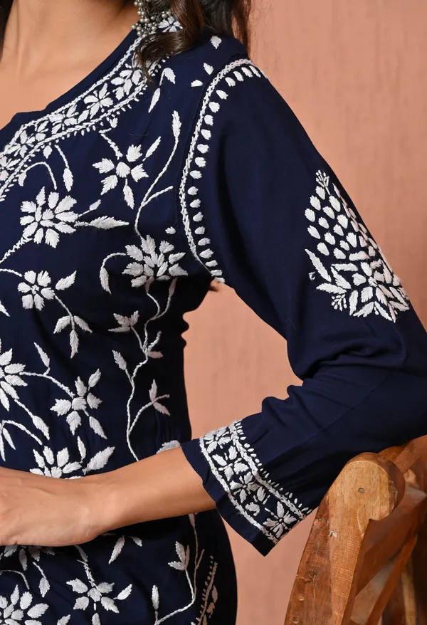 Syrish_Navy_Blue_Hand_Embroidered_Chikankari_Rayon_Kurta_Set