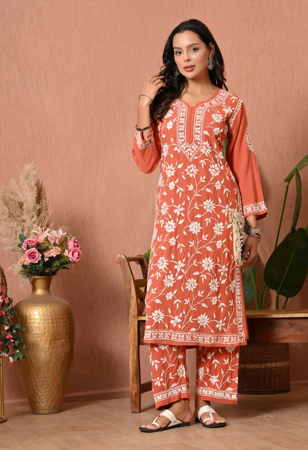 Syrish_Peach_Hand_Embroidered_Chikankari_Rayon_Kurta_Set