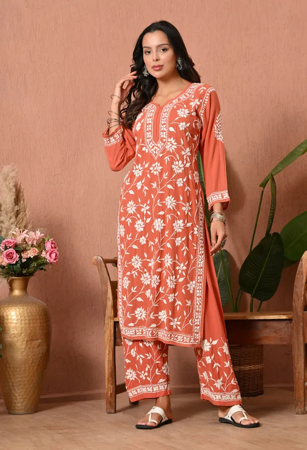 Syrish_Peach_Hand_Embroidered_Chikankari_Rayon_Kurta_Set