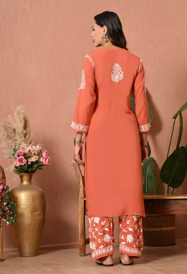 Syrish_Peach_Hand_Embroidered_Chikankari_Rayon_Kurta_Set
