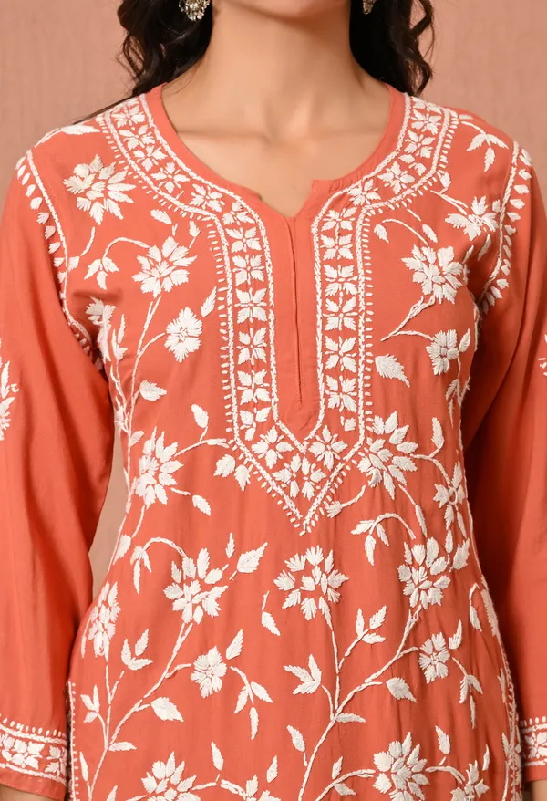 Syrish_Peach_Hand_Embroidered_Chikankari_Rayon_Kurta_Set