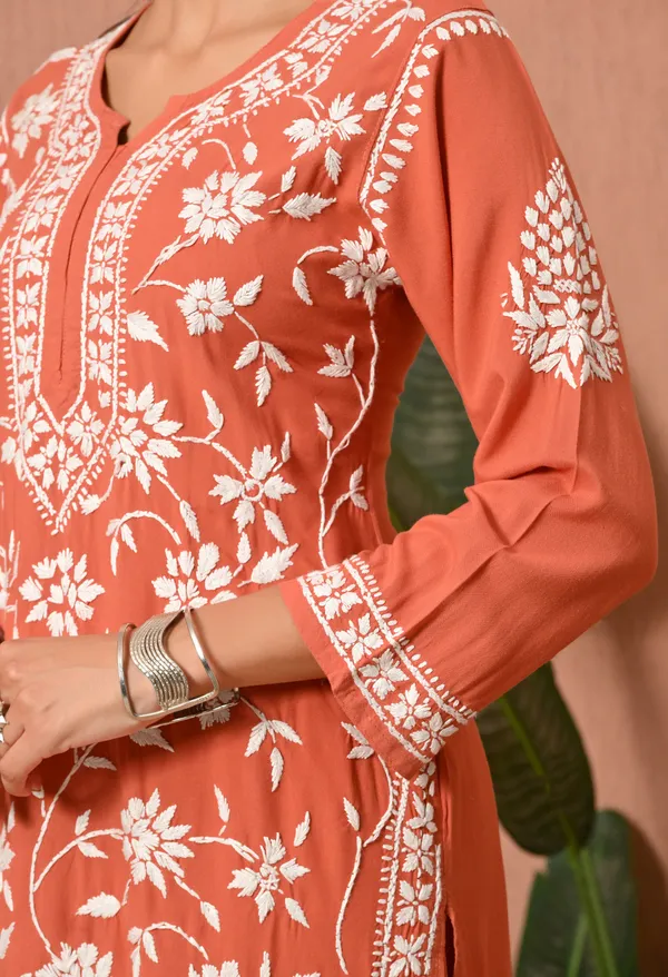Syrish_Peach_Hand_Embroidered_Chikankari_Rayon_Kurta_Set