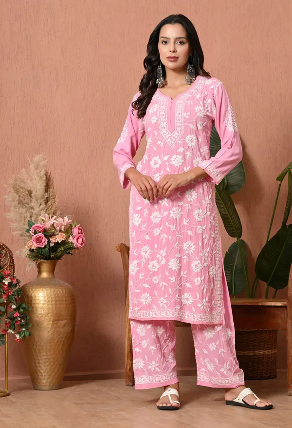 Syrish_Pink_Hand_Embroidered_Chikankari_Rayon_Kurta_Set