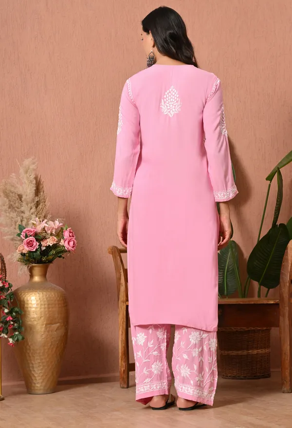 Syrish_Pink_Hand_Embroidered_Chikankari_Rayon_Kurta_Set