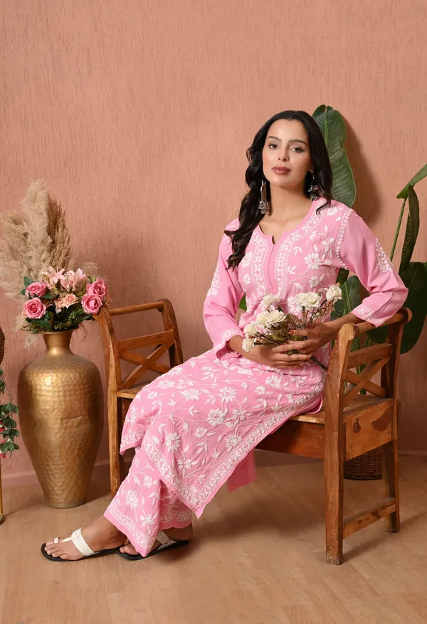 Syrish_Pink_Hand_Embroidered_Chikankari_Rayon_Kurta_Set