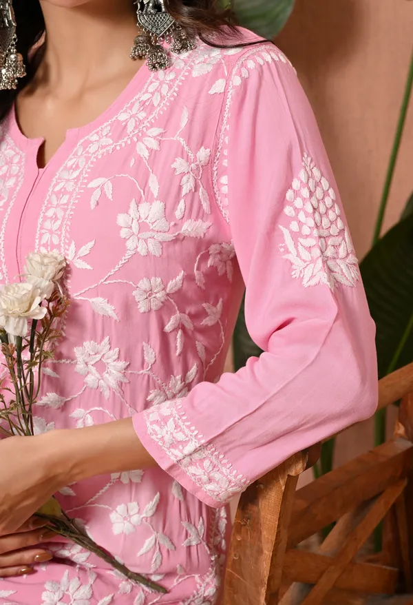Syrish_Pink_Hand_Embroidered_Chikankari_Rayon_Kurta_Set