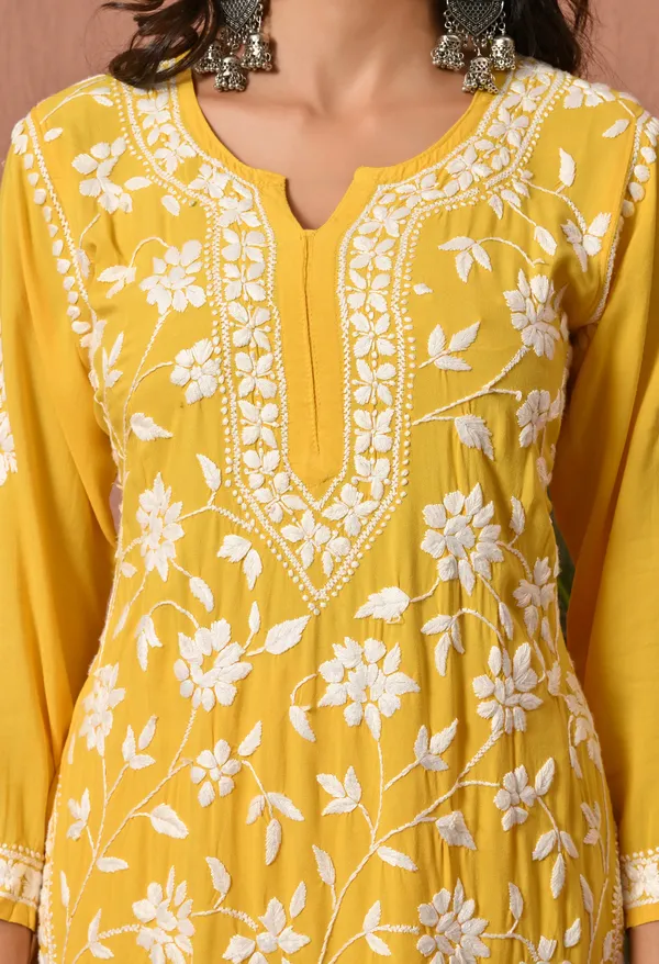Syrish_Yellow_Hand_Embroidered_Chikankari_Rayon_Kurta_Set