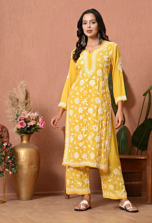 Syrish_Yellow_Hand_Embroidered_Chikankari_Rayon_Kurta_Set