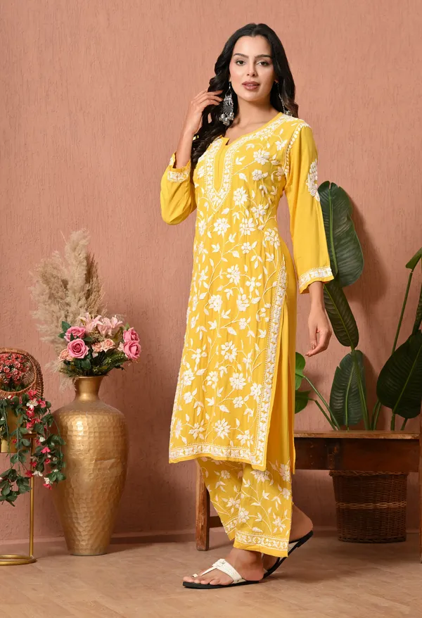 Syrish_Yellow_Hand_Embroidered_Chikankari_Rayon_Kurta_Set