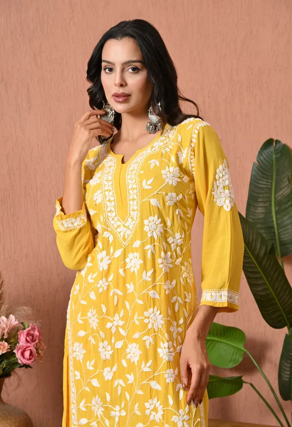 Syrish_Yellow_Hand_Embroidered_Chikankari_Rayon_Kurta_Set