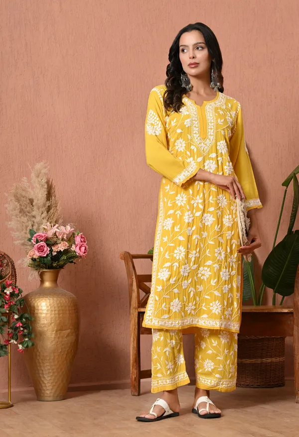 Syrish_Yellow_Hand_Embroidered_Chikankari_Rayon_Kurta_Set
