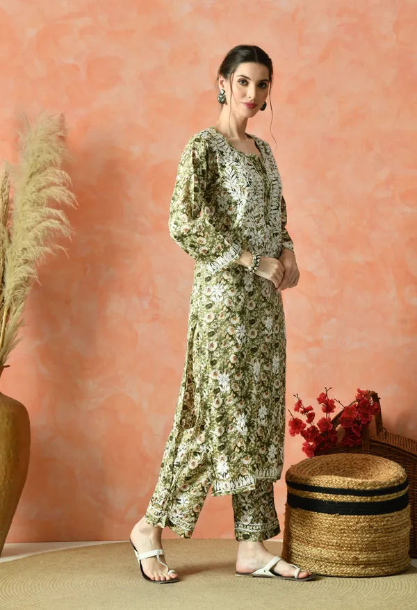 Green_Floral_Hand_Embroidered_Mulmul_Chikankari_Kurta_Plazo_Set