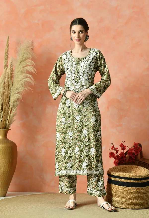 Green_Floral_Hand_Embroidered_Mulmul_Chikankari_Kurta_Plazo_Set