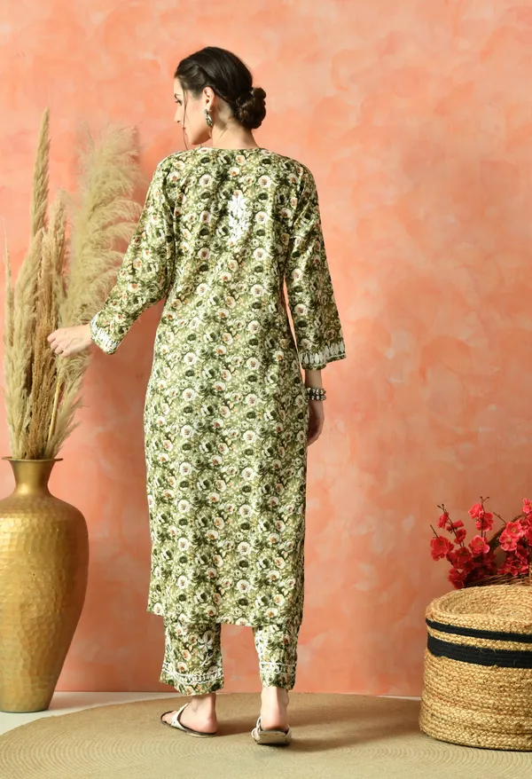 Green_Floral_Hand_Embroidered_Mulmul_Chikankari_Kurta_Plazo_Set