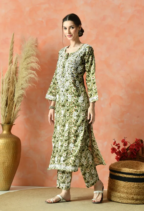 Green_Floral_Hand_Embroidered_Mulmul_Chikankari_Kurta_Plazo_Set
