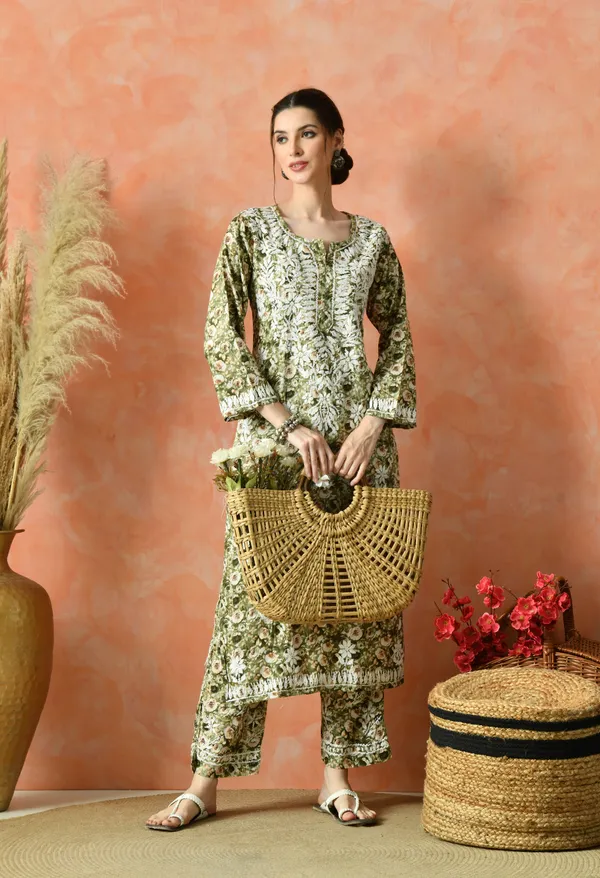 Green_Floral_Hand_Embroidered_Mulmul_Chikankari_Kurta_Plazo_Set