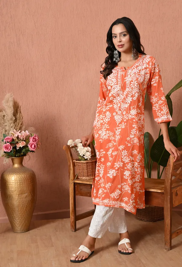 Syrish_Meher_Orange_Chikankari_Straight_Kurta