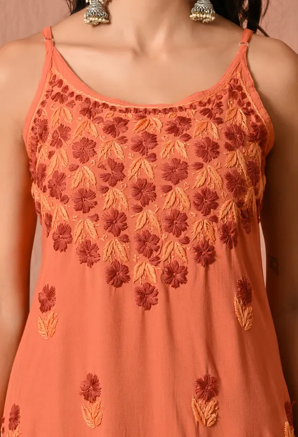 Syrish_Handcrafted_Chikankari_Rayon_Sleeveless_Kurta_�_Orange