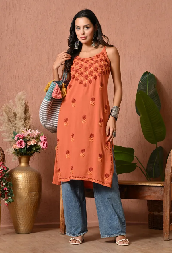 Syrish_Handcrafted_Chikankari_Rayon_Sleeveless_Kurta_�_Orange