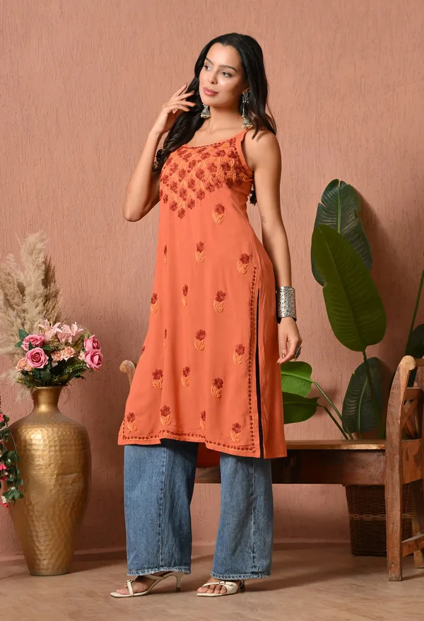 Syrish_Handcrafted_Chikankari_Rayon_Sleeveless_Kurta_�_Orange