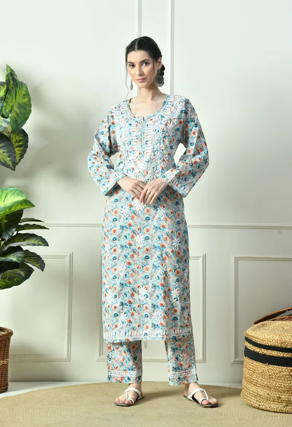 Blue_&_Orange_Floral_Hand_Embroidered_Mulmul_Chikankari_Kurta_Plazo_Set