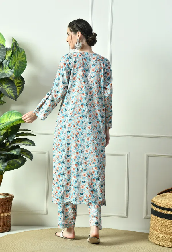 Blue_&_Orange_Floral_Hand_Embroidered_Mulmul_Chikankari_Kurta_Plazo_Set