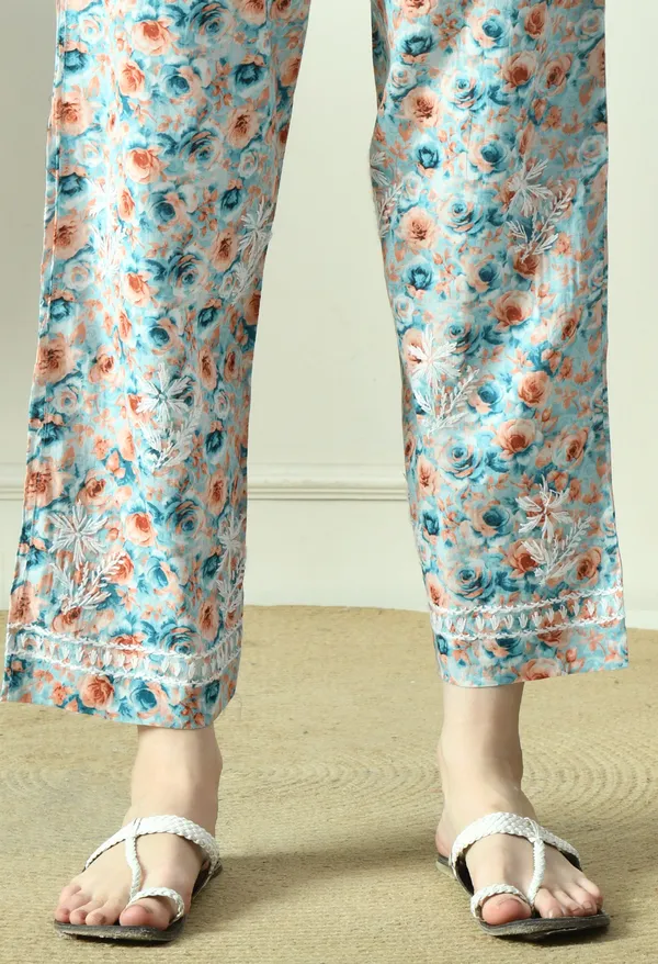 Blue_&_Orange_Floral_Hand_Embroidered_Mulmul_Chikankari_Kurta_Plazo_Set