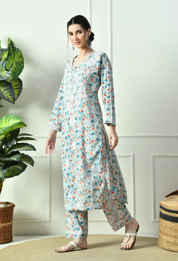 Blue_&_Orange_Floral_Hand_Embroidered_Mulmul_Chikankari_Kurta_Plazo_Set