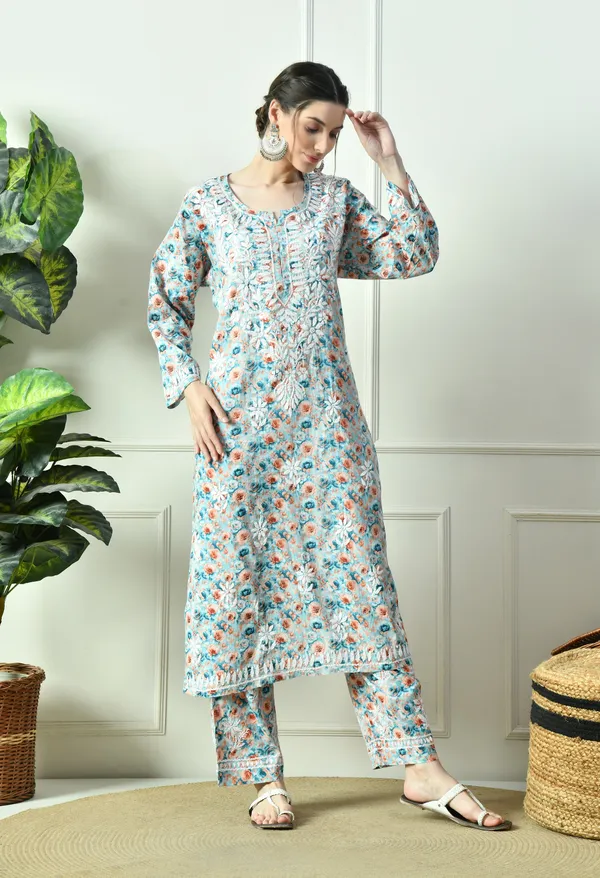Blue_&_Orange_Floral_Hand_Embroidered_Mulmul_Chikankari_Kurta_Plazo_Set