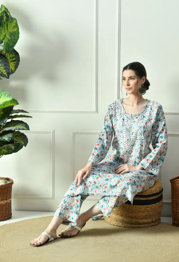 Blue_&_Orange_Floral_Hand_Embroidered_Mulmul_Chikankari_Kurta_Plazo_Set