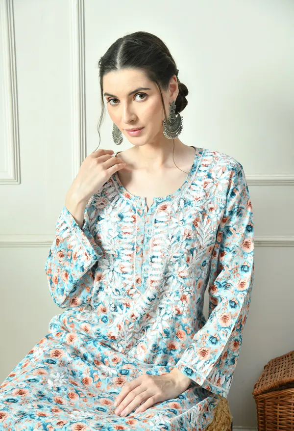 Blue_&_Orange_Floral_Hand_Embroidered_Mulmul_Chikankari_Kurta_Plazo_Set