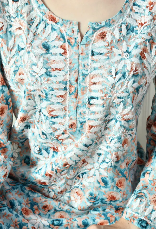 Blue_&_Orange_Floral_Hand_Embroidered_Mulmul_Chikankari_Kurta_Plazo_Set