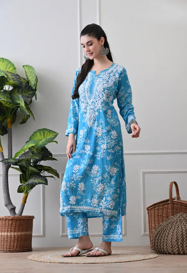 Hand_Embroidered_Chikankari_Mulmul_Plazo_Set-Blue